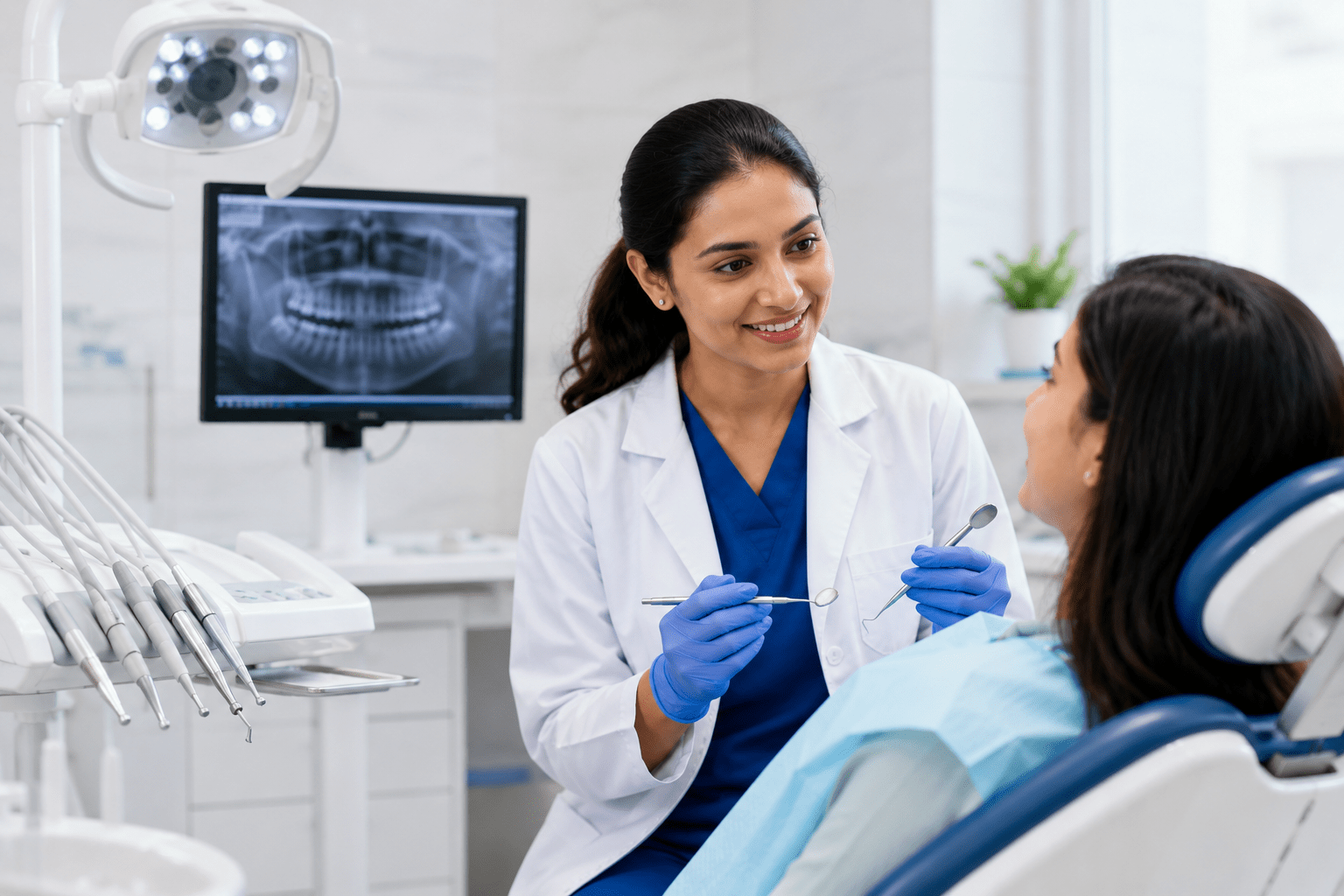 Dentist performing a routine dental checkup for a patient in a modern clinic, providing the best dental care in Hyderabad through preventive oral health care.
