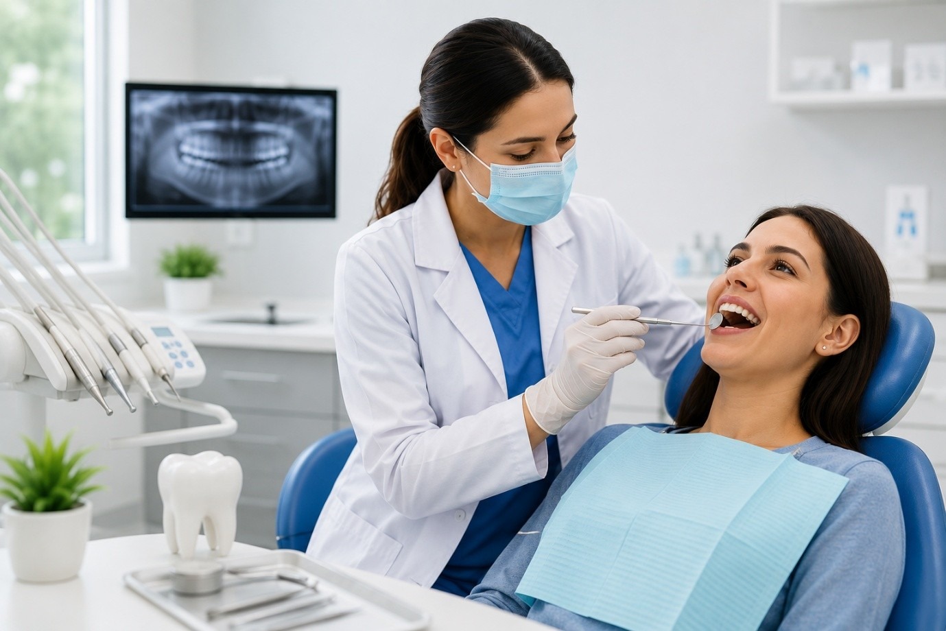 Dentist performing a routine dental checkup on a patient at a modern dental clinic in Bachupally to detect cavities and maintain oral health.