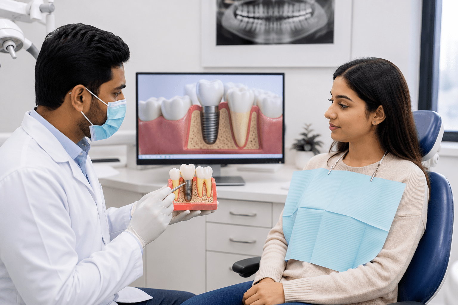 Dentist explaining a dental implant treatment plan to a patient at a modern dental clinic in Hyderabad.