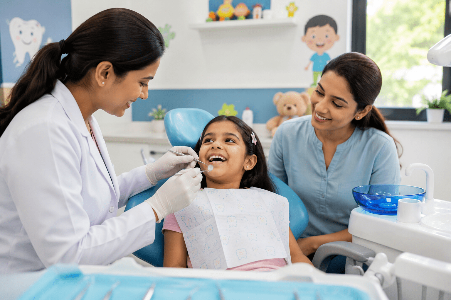 Pediatric dentist performing a gentle dental check-up for a smiling child at a modern dental clinic in Miyapur.
