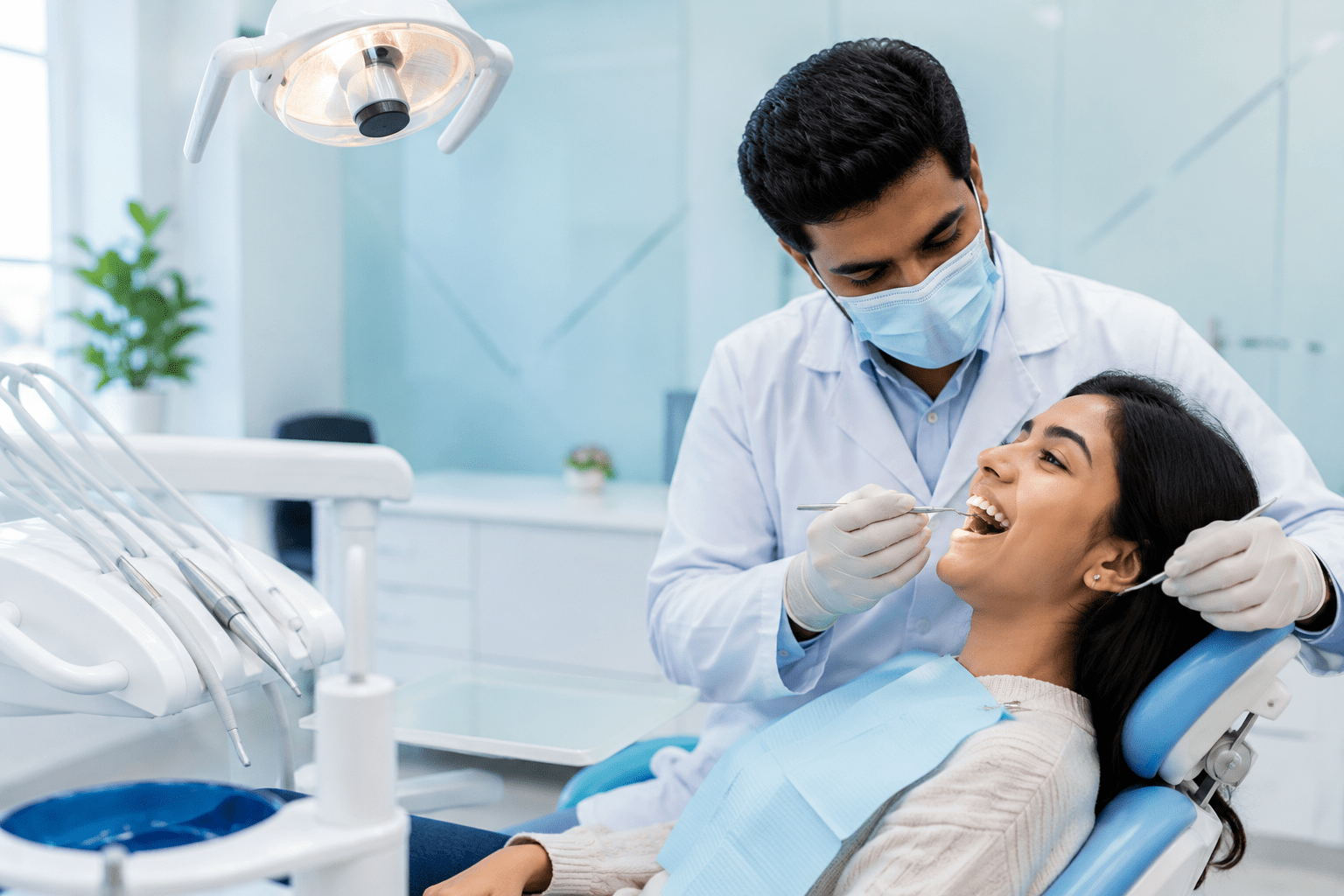 Dentist performing a routine dental check-up on a patient at a modern dental clinic in Miyapur.