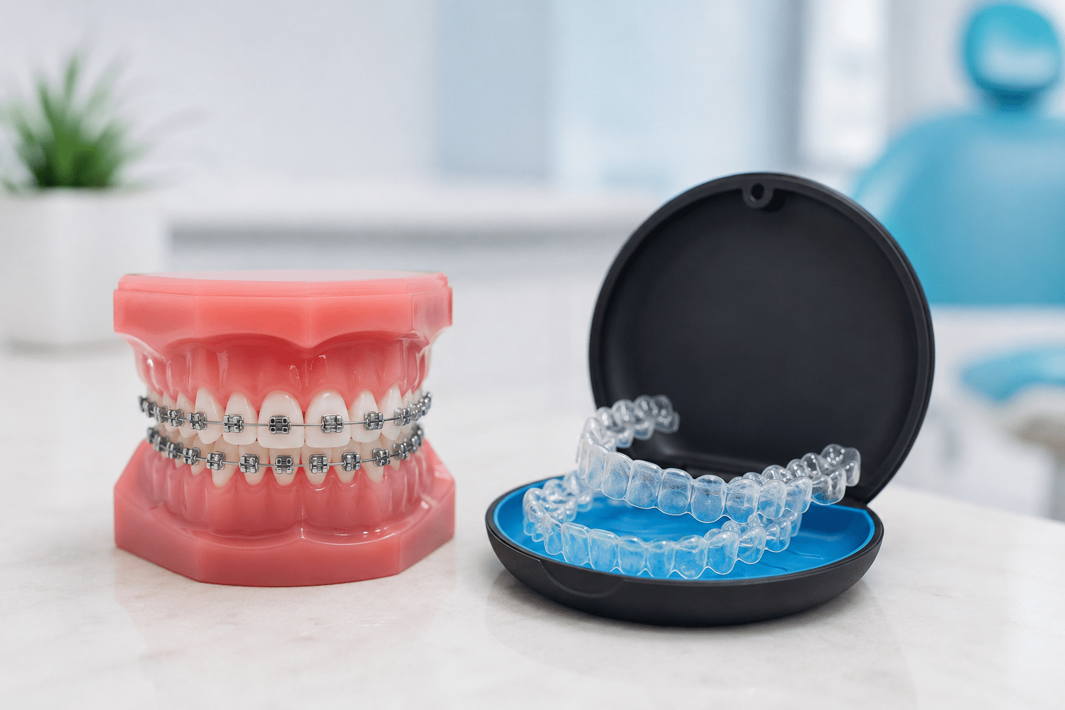Patient receiving clear aligner treatment in Hyderabad compared with traditional braces