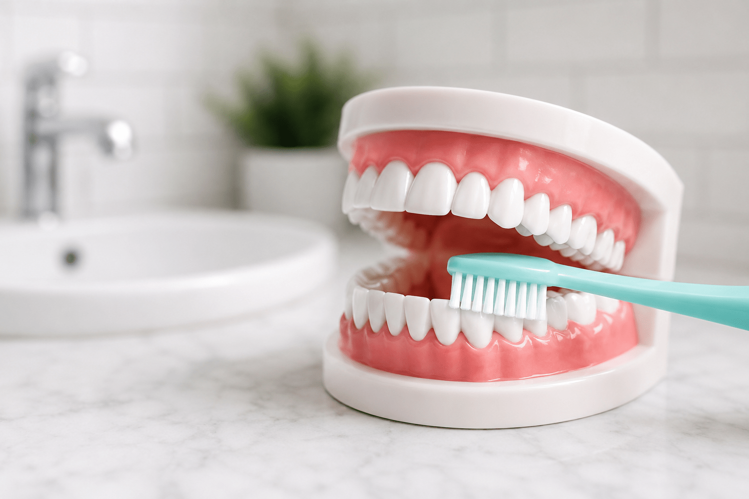 Dentist demonstrating how to brush properly using a soft-bristled toothbrush with the correct brushing technique for healthy teeth and gums.