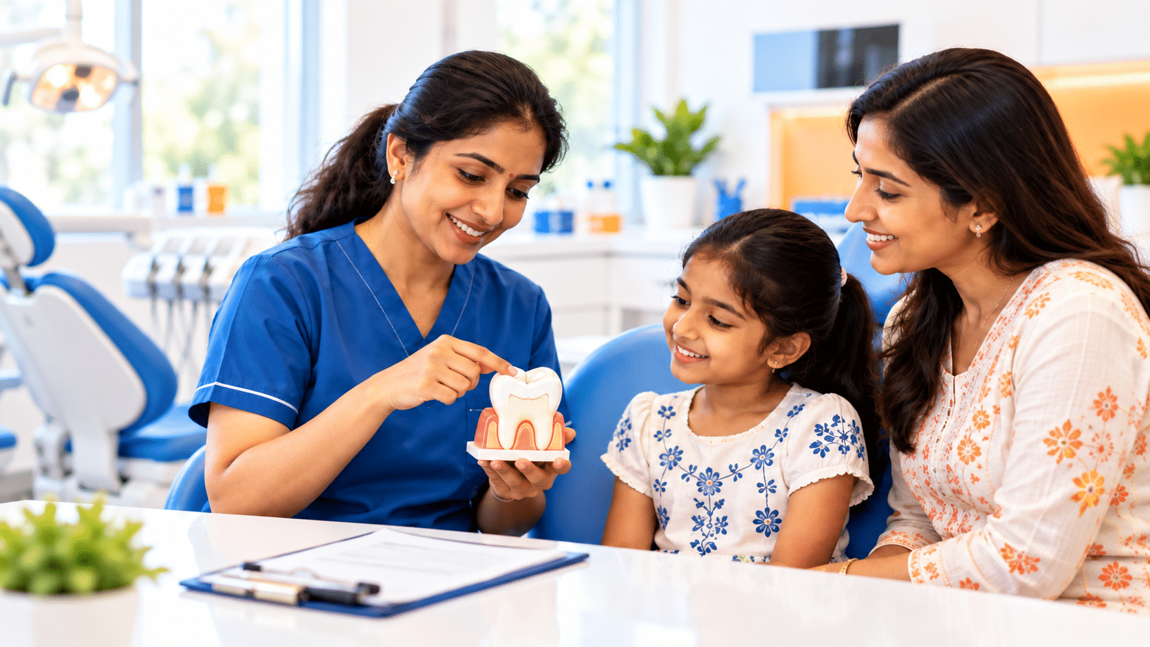 Illustration of a dentist explaining a tooth model to a child and parent
